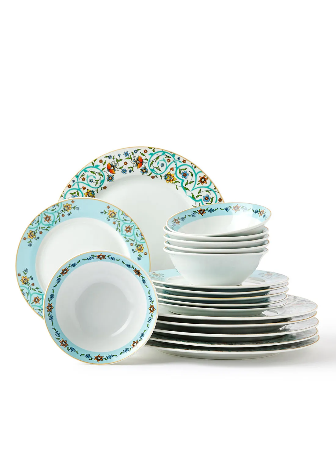 noon east 18 Piece Porcelain Dinner Set - Dishes, Plates - Dinner Plate, Side Plate, Bowl - Serves 6 - Printed Design Jade