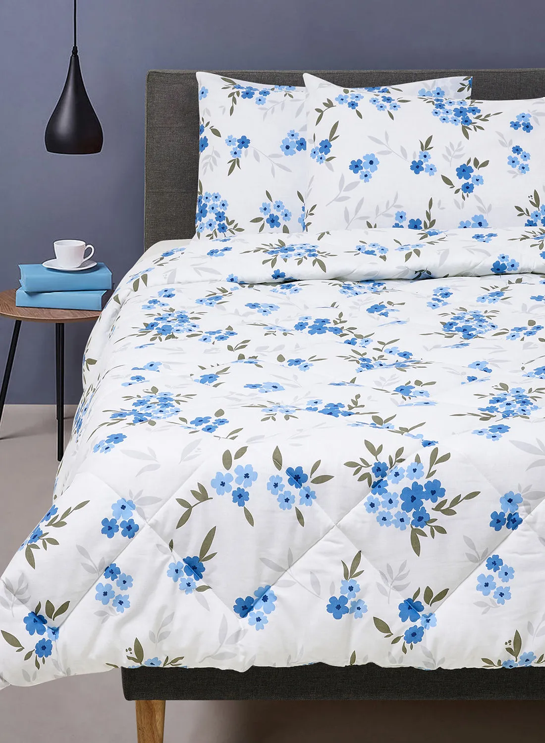 Amal Comforter Set With Pillow Cover 50X75 Cm, Comforter 260X240 Cm - For King/Super King Size Mattress - 100% Cotton Percale - Sleep Well Lightweight And Warm Bed Linen Cotton White/Blue