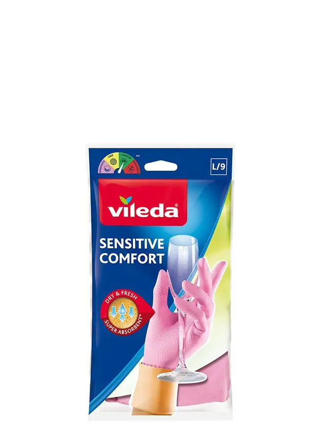 Vileda Reusable Sensitive Gloves L, Natural Latex, Protective, Touch Sensitive, Comfortable and Fit Pink/Beige مقاس كبير