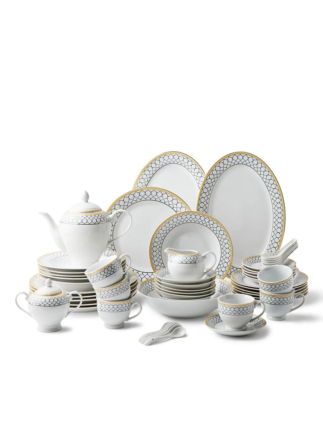 noon east 56 Piece Porcelain Dinner Set - Dishes, Plates - Dinner Plate, Side Plate, Bowl, Cups, Serving Dish And Bowl - Serves 6 - Festive Design White/Gold Web