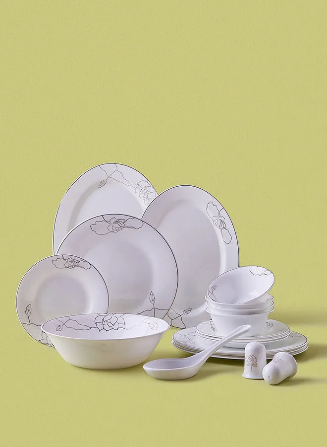 noon east 18 Piece Opalware Dinner Set - Light Weight Dishes, Plates - Dinner Plate, Side Plate, Bowl, Serving Dish And Bowl - Serves 4 - Festive Design Lily Gold