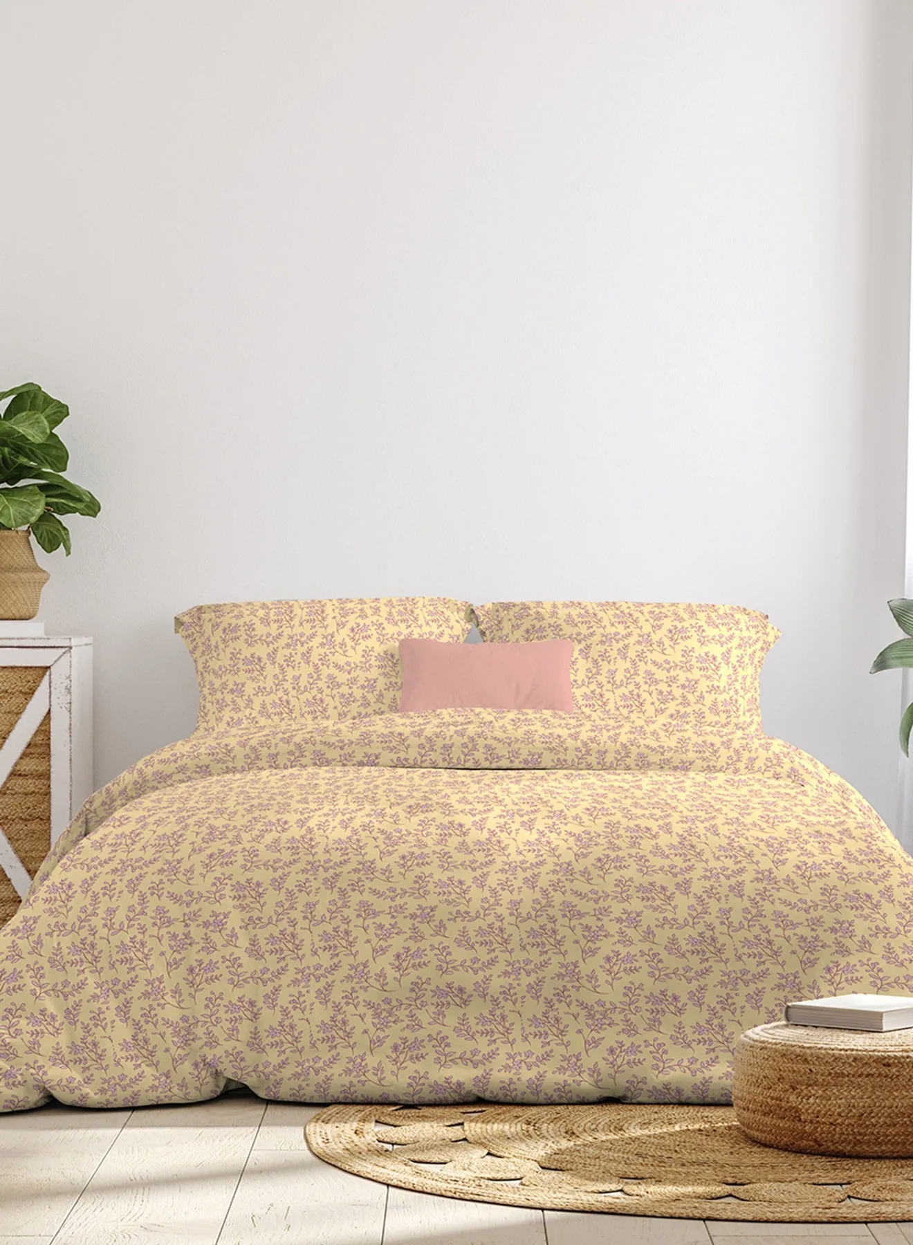 Amal Comforter Set King Size All Season Everyday Use Bedding Set 100% Cotton 3 Pieces 1 Comforter 2 Pillow Covers  Yellow/Light Purple
