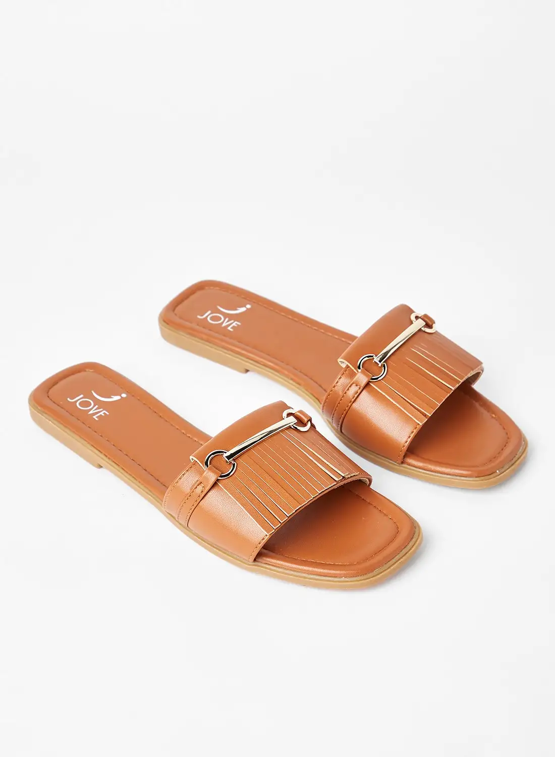 Jove Slip-On Party Wear Flat Sandals Tan