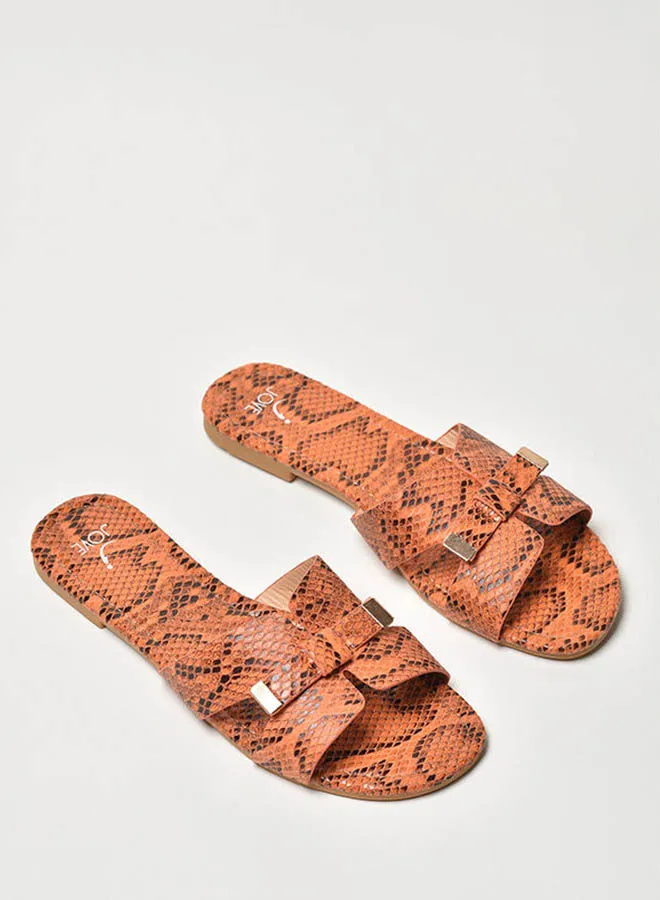 Jove Animal Pattern Broad Strap Flat Sandals Tan/Black
