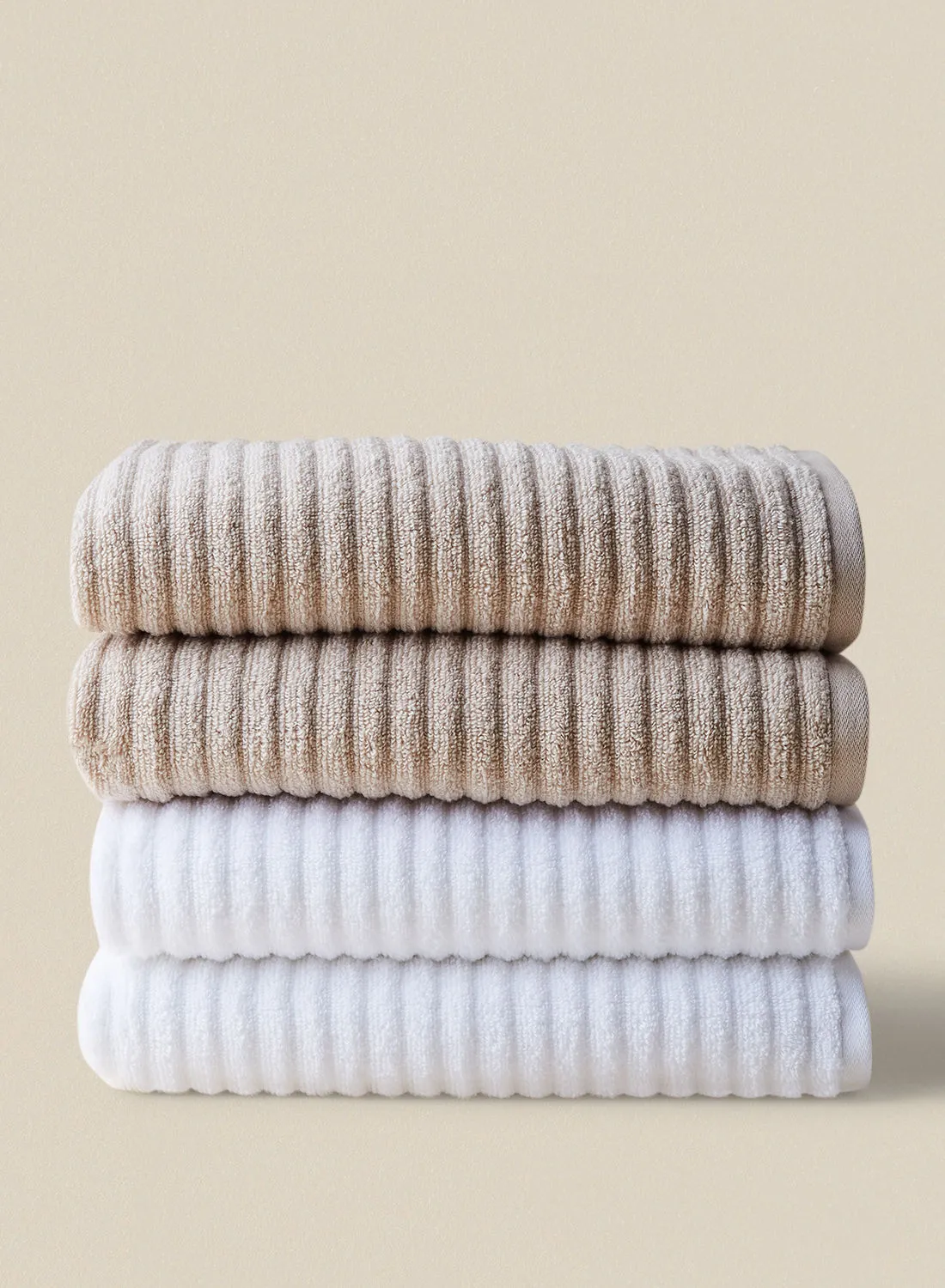 noon east 4 Piece Bathroom Towel Set - 450 GSM 100% Cotton Ribbed - 4 Bath Towel - Multicolor Linen/White Color - Highly Absorbent - Fast Dry