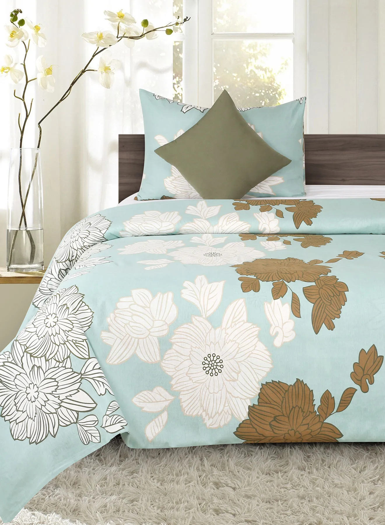 Amal Duvet Cover - With Pillow Cover 50X75 Cm, Comforter 150X200 Cm, 40X40 Cm - For Queen Size Mattress - Light Blue/Brown Microfiber -