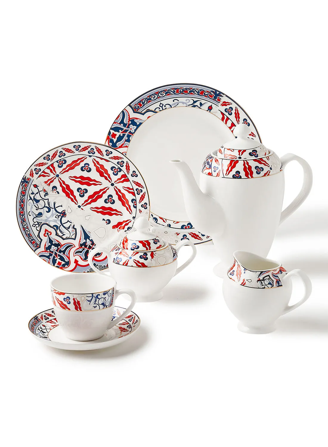 noon east 70 Piece Ceramic Dinner Set Premium Quality - Dishes, Plates - Dinner Plate, Side Plate, Bowl, Cups, Serving Dish And Bowl - Serves 12 - Festive Design Arabian Montage
