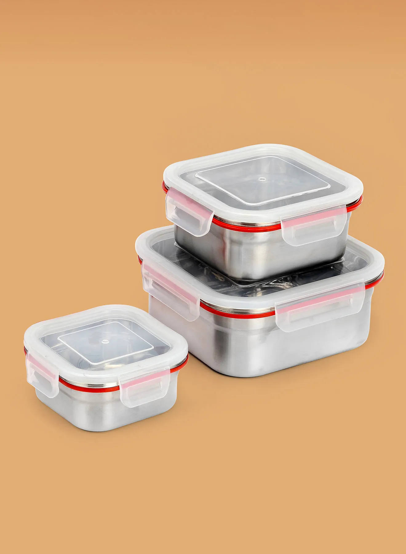 Ravenn 3-Piece Square Penta Lock Container Set With Plastic Lid Red