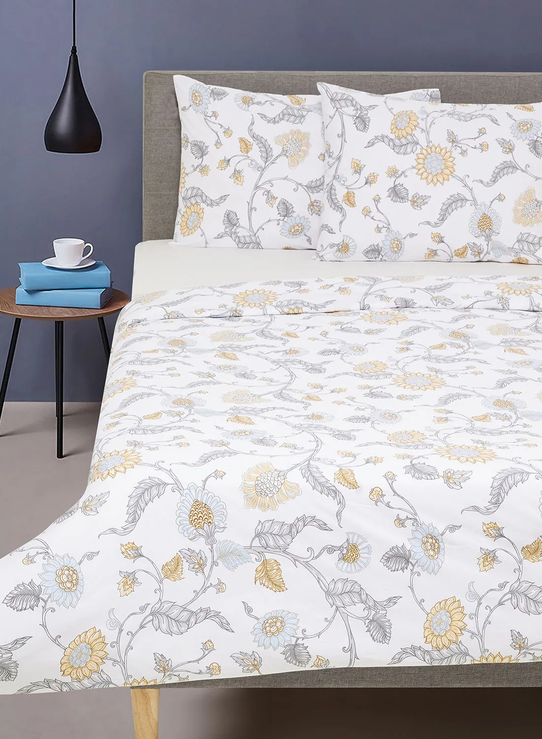 noon east Duvet Cover With Pillow Cover 50X75 Cm, Comforter 200X200 Cm, - For Queen Size Mattress - White/Yellow/Grey 100% Cotton Percale - 180 Thread Count
