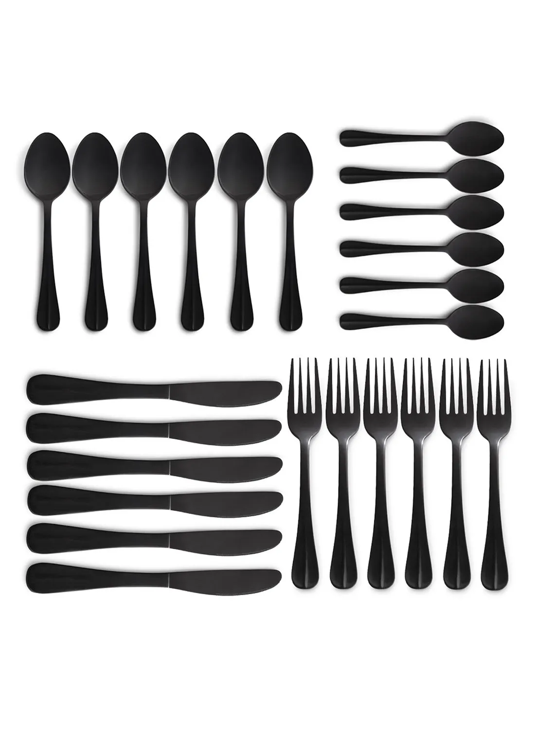 noon east 24 Piece Cutlery Set - Made Of Stainless Steel - Silverware Flatware - Spoons And Forks Set, Spoon Set - Table Spoons, Tea Spoons, Forks, Knives - Serves 6 - Design Black Flowrish