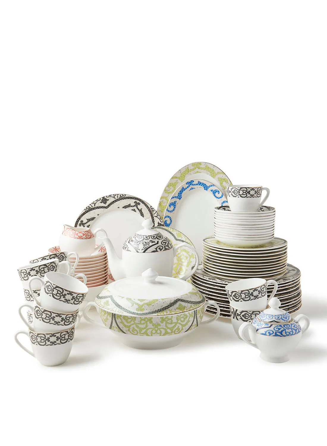 noon east 70 Piece Ceramic Dinner Set Premium Quality - Dishes, Plates - Dinner Plate, Side Plate, Bowl, Cups, Serving Dish And Bowl - Serves 12 - Festive Design Vivid Mosaic