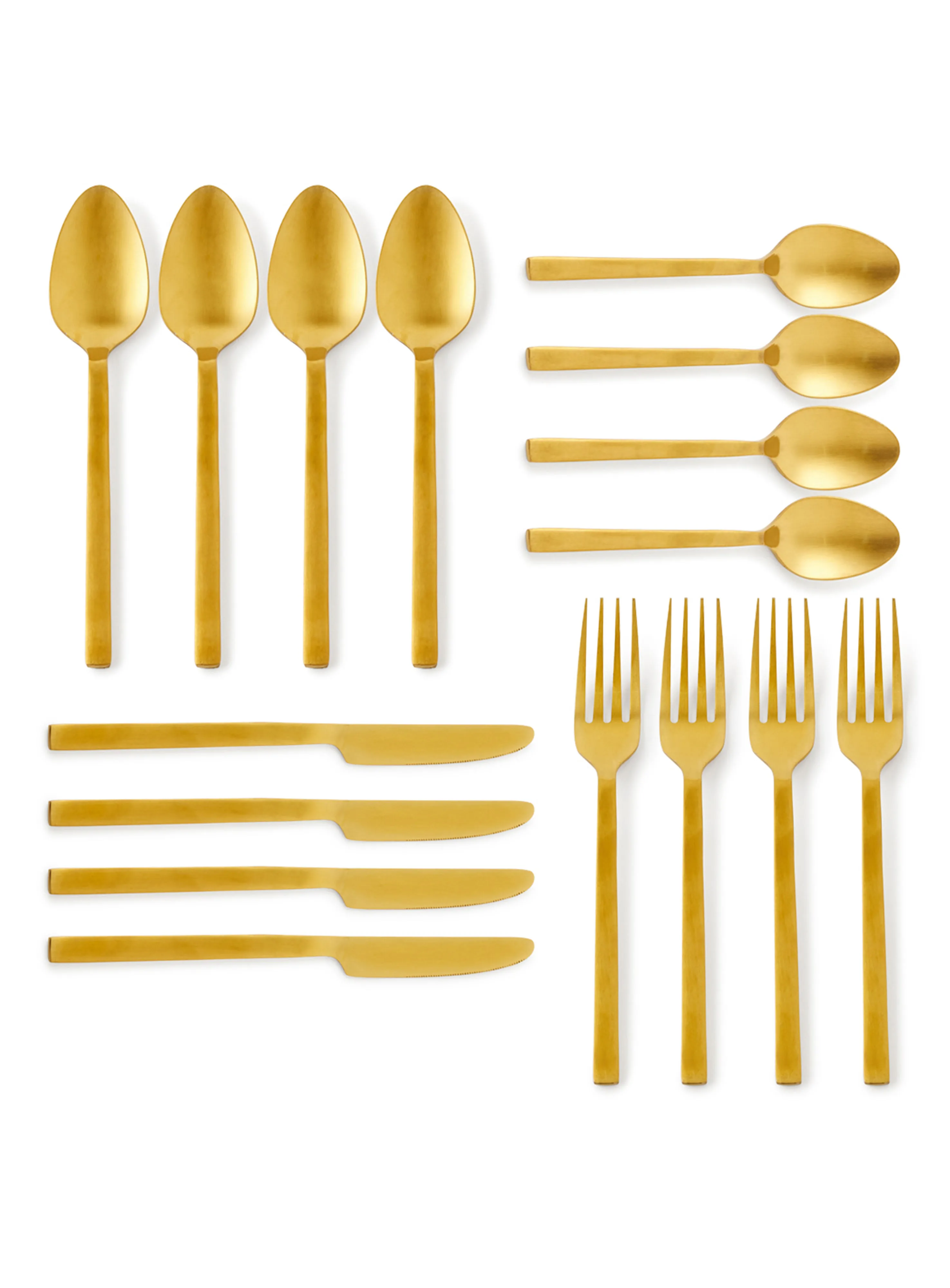 noon east 16 Piece Cutlery Set - Made Of Stainless Steel - Silverware Flatware - Spoons And Forks Set, Spoon Set - Table Spoons, Tea Spoons, Forks, Knives - Serves 4 - Design Gold Lyra
