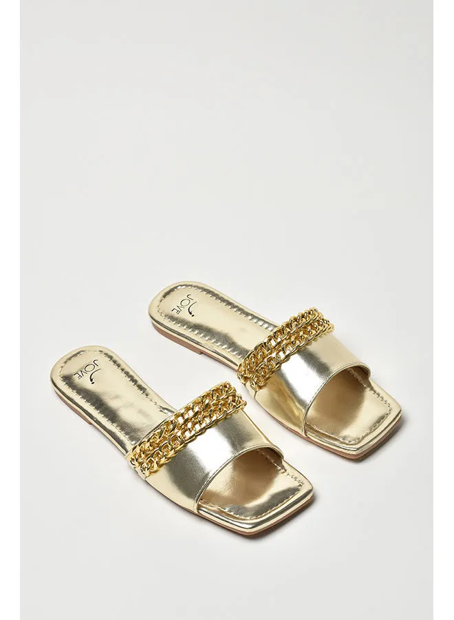 Jove Chain Embellished Broad Strap Slip-On Flat Sandals Gold