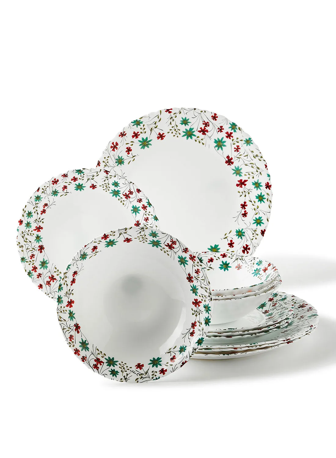 noon east 12 Piece Opalware Dinner Set For Everyday Use - Light Weight Dishes, Plates - Dinner Plate, Side Plate, Bowl - Serves 4 - Printed Design Ektor