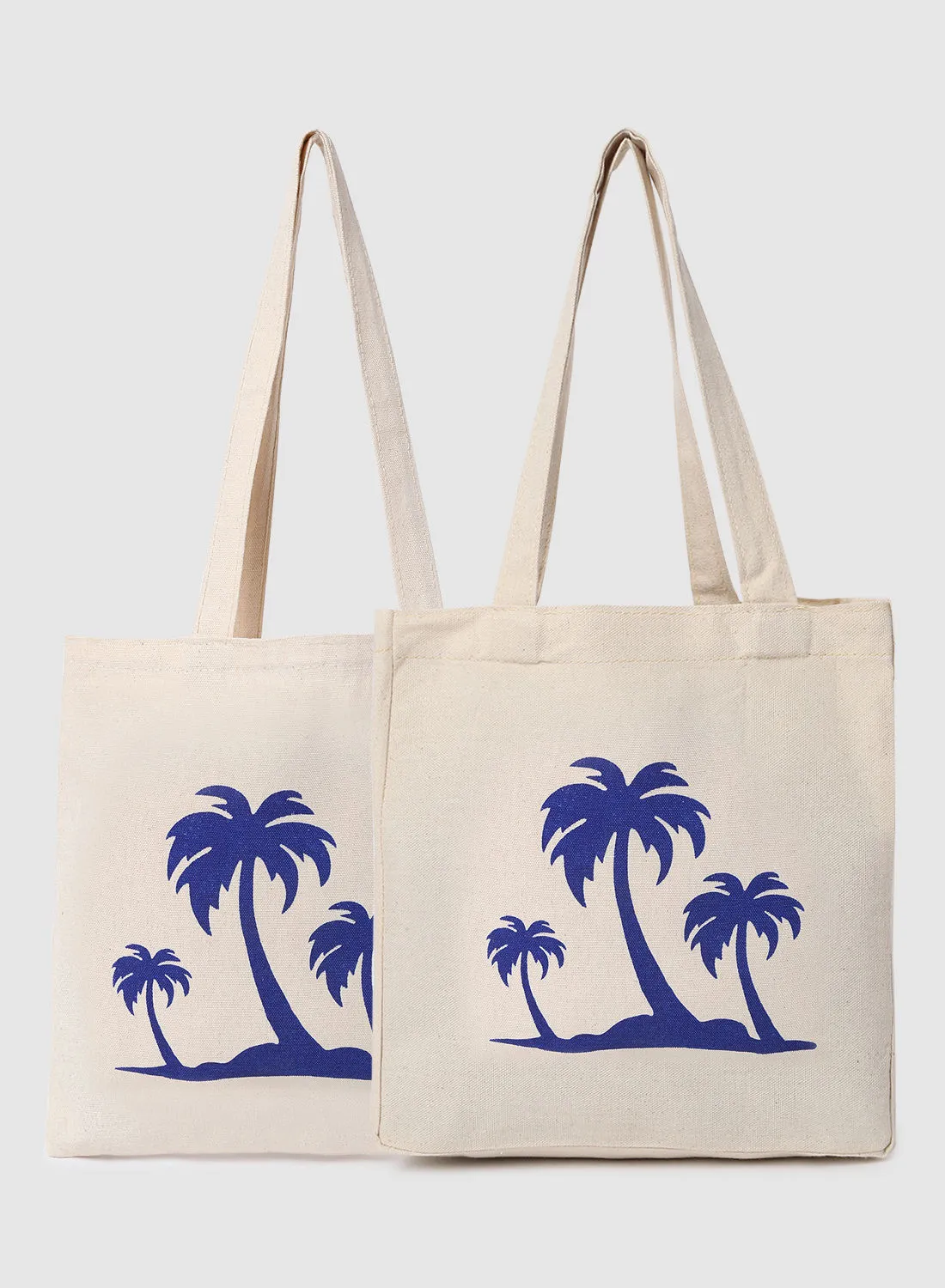 Amal Pack Of 2 Palm Tree Print Canvas Shopping And Grocery Bags Color Shade May Vary Blue