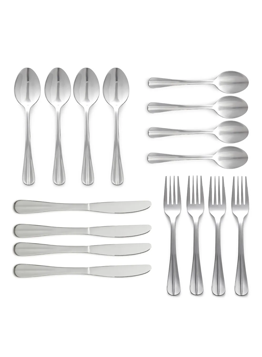 noon east 16 Piece Cutlery Set - Made Of Stainless Steel - Silverware Flatware - Spoons And Forks Set, Spoon Set - Table Spoons, Tea Spoons, Forks, Knives - Serves 4 - Design Silver Flowrish