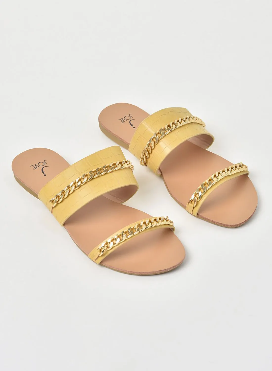 Jove Animal Pattern Chain Detail Strap Flat Sandals Mustard/Gold