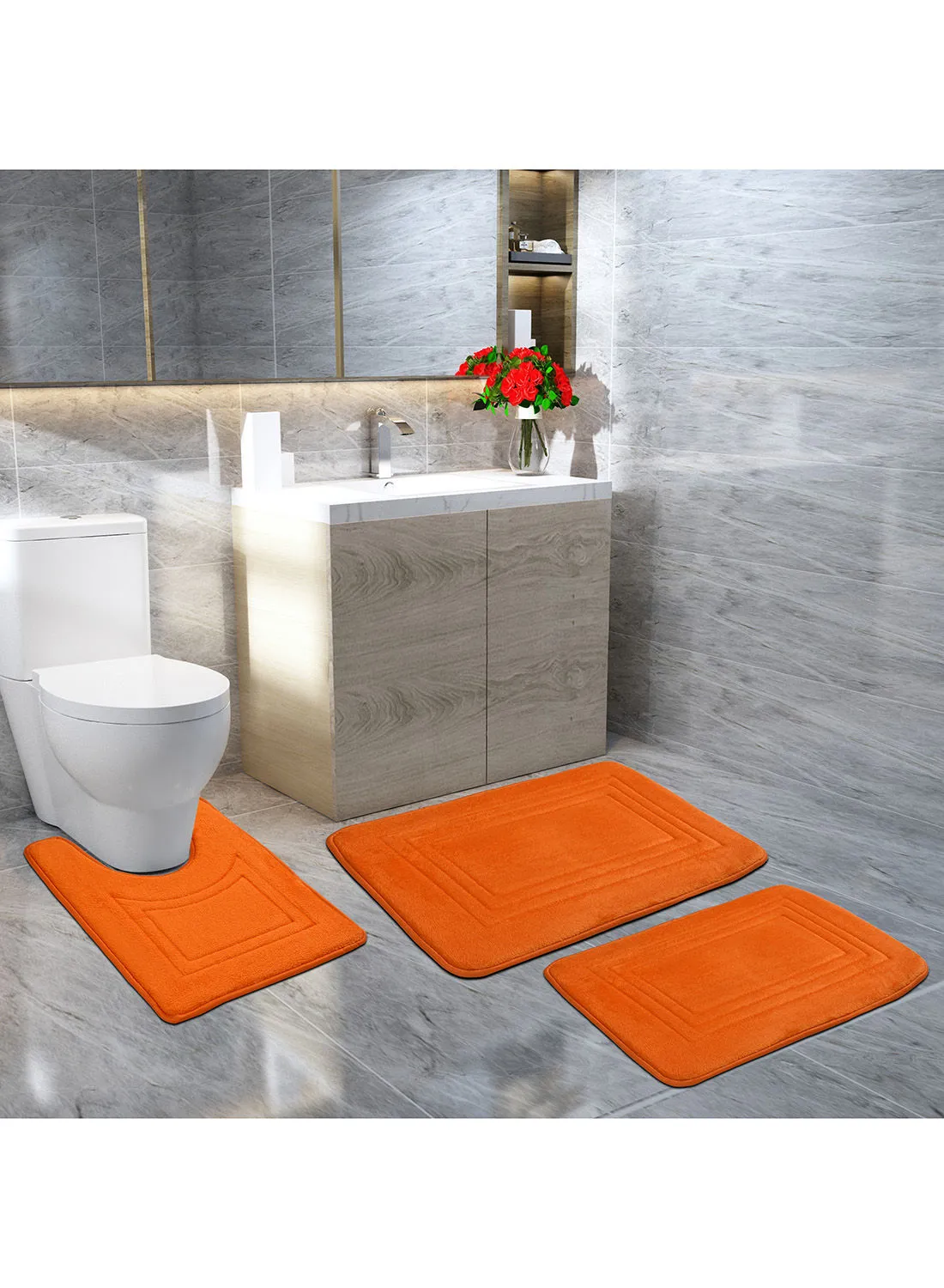 Xtromac Bath Mat Xtromac - 60X90 Cm - 100% Polyester - Orange Color - Bathroom Mat Economical 3 Piece