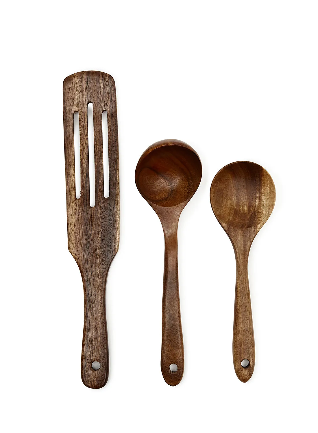 noon east 3 Piece Kitchen Accessories - Made Of Acacia Wood - Premium Quality - Utensils Set - Slotted Spatula, Soup Ladle, Gravy Spoon - Dark Brown