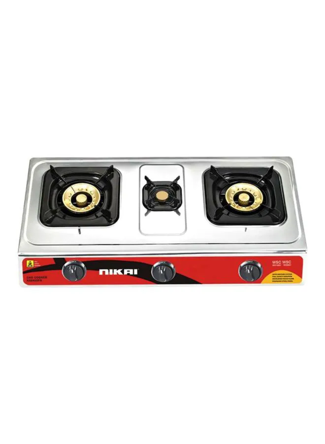 NIKAI Triple Gas Burner With Auto Piezoelectric Ignition, Square Enamel Pan Support, FFD Equipped, Stainless Steel Body, Full Safety Features NG845SFN Silver