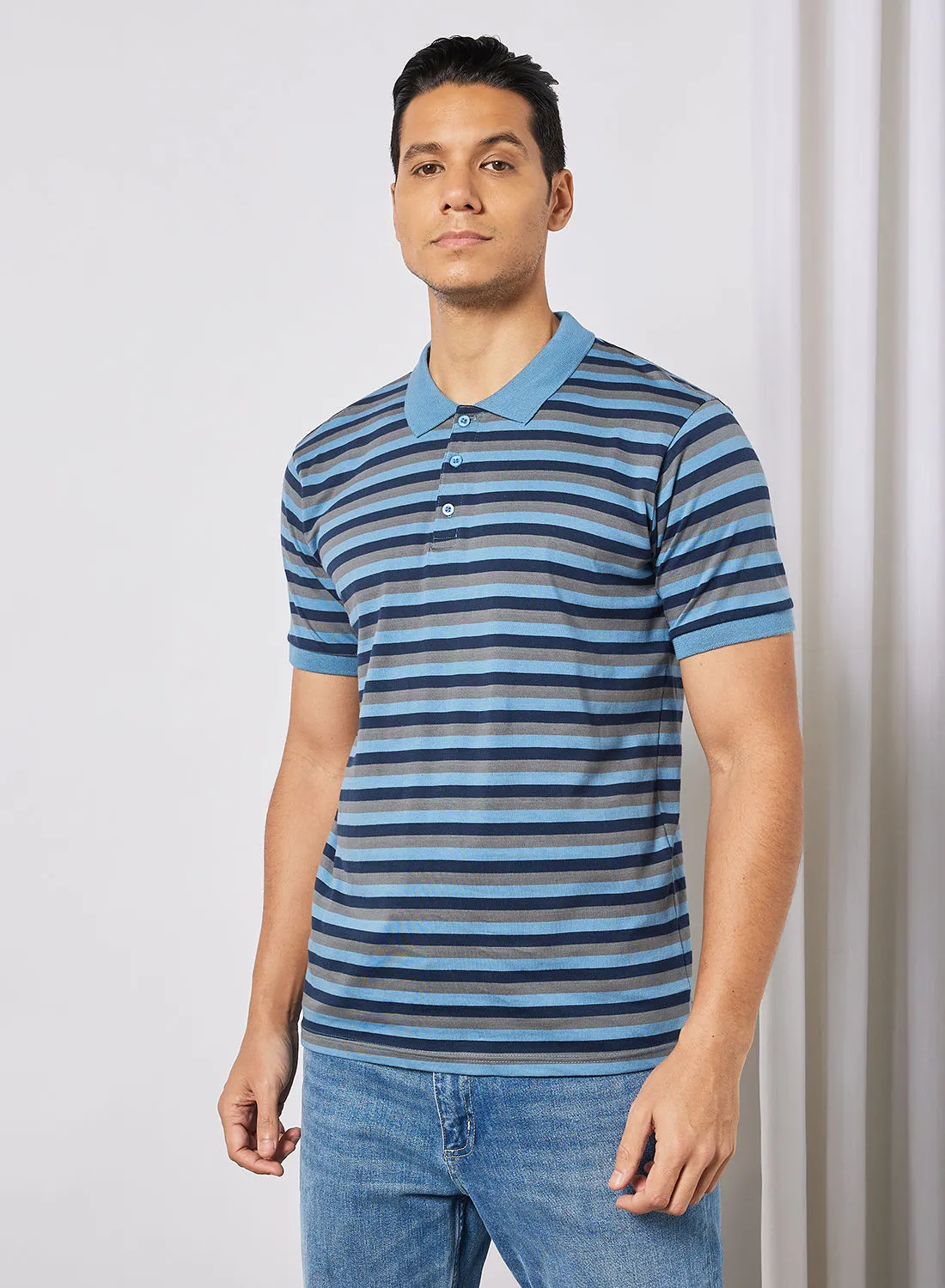 Noon East Men's Basic Casual Polo T-Shirt with Stripe Design Pine