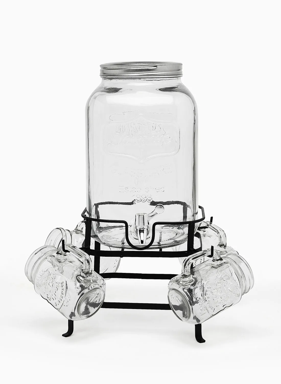 noon east Glass Beverage Dispenser Set - 8L Beverage Dispenser + 4 Mason Jars - Beverage Glasses With Lid And Straw For Juices Glass By Noon East - Beverage Dispenser, Mason Jars - Serves 4 - Clear
