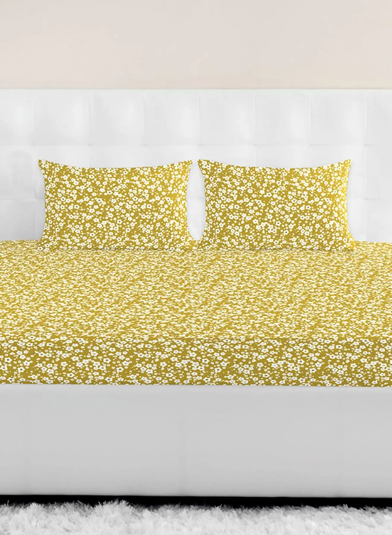 Amal Fitted Bedsheet Set Single Size High Quality 100% Cotton Percale 144 TC Light Weight Everyday Use 1 Bed Sheet And 2 Pillow Cases Printed Chintz Gold