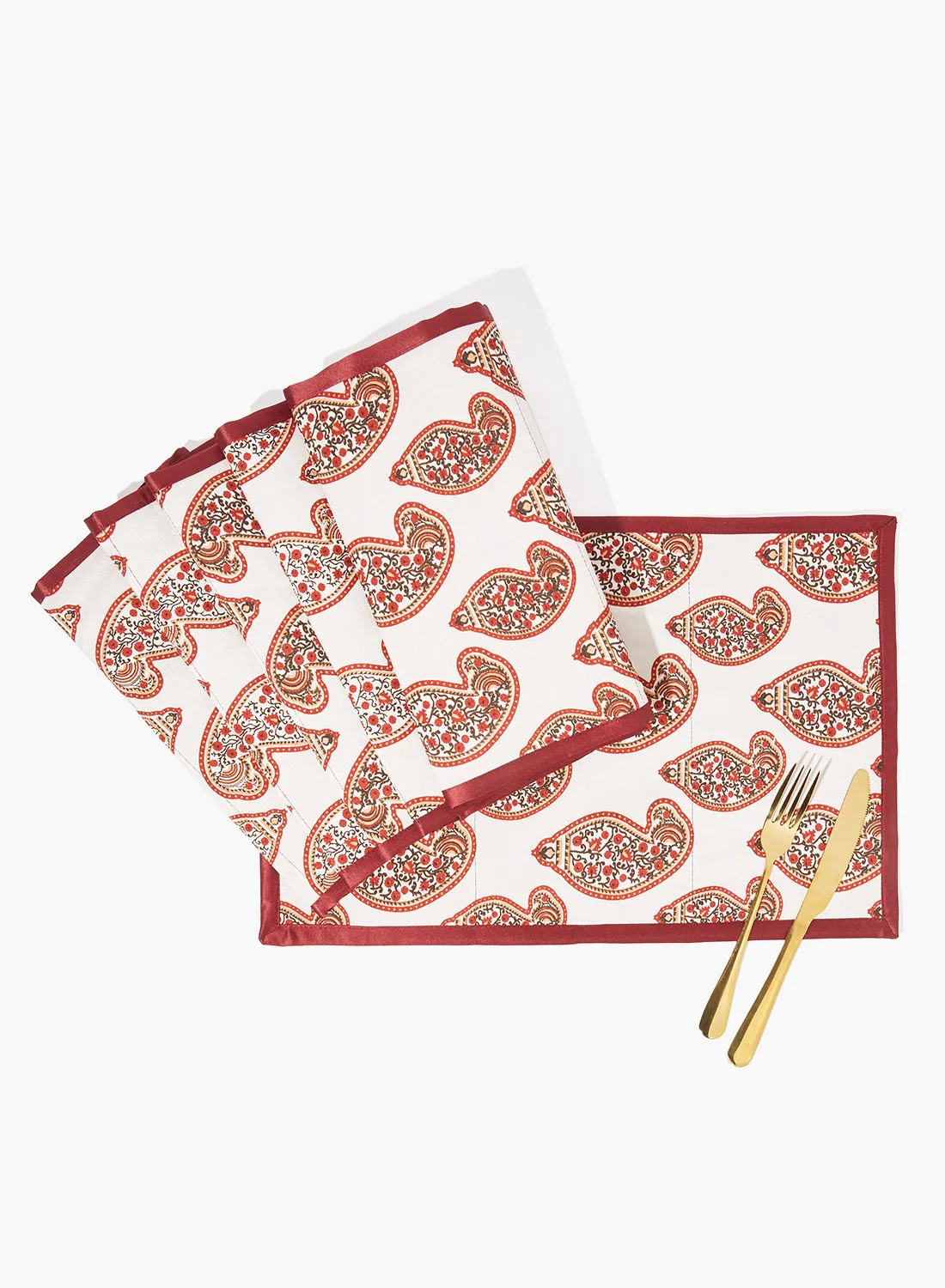 Amal 6 Piece Placemat Set For Dining Table - Washable Dish Pad - Table Mat - Table Linen - Maroon/White