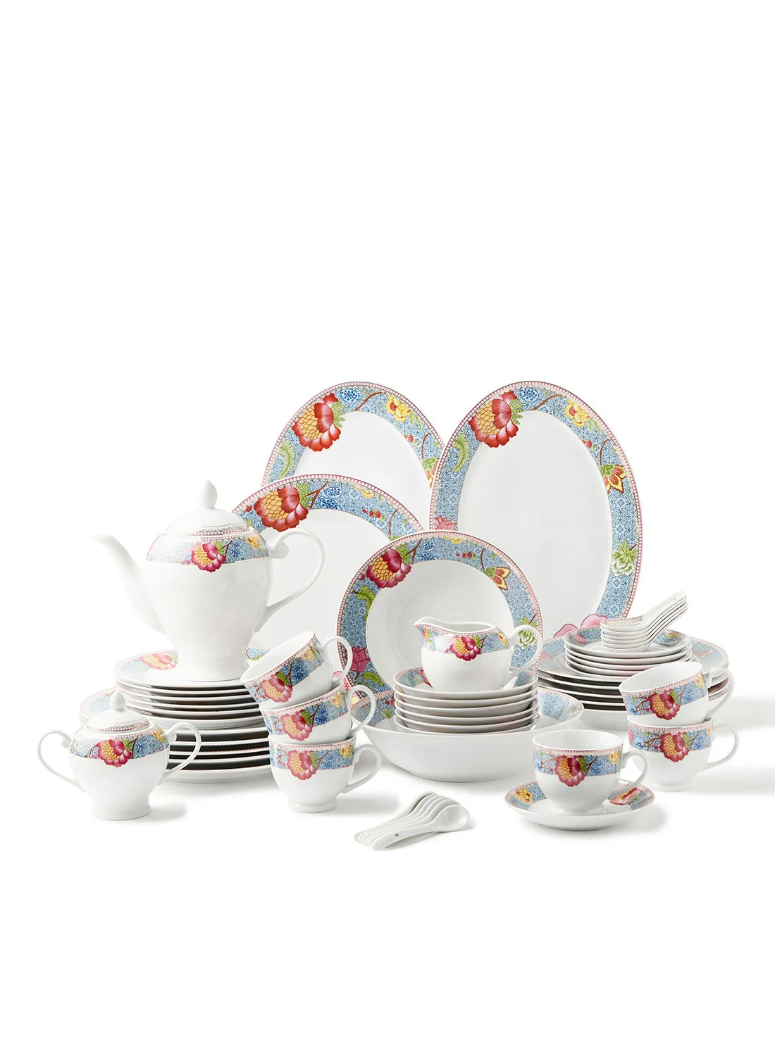 noon east 56 Piece Porcelain Dinner Set - Dishes, Plates - Dinner Plate, Side Plate, Bowl, Cups, Serving Dish And Bowl - Serves 6 - Festive Design Bloom
