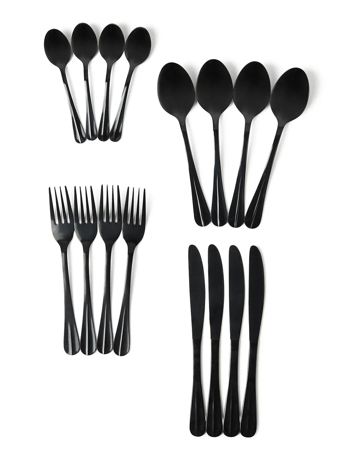 noon east 16 Piece Cutlery Set - Made Of Stainless Steel - Silverware Flatware - Spoons And Forks Set, Spoon Set - Table Spoons, Tea Spoons, Forks, Knives - Serves 4 - Design Black Flowrish