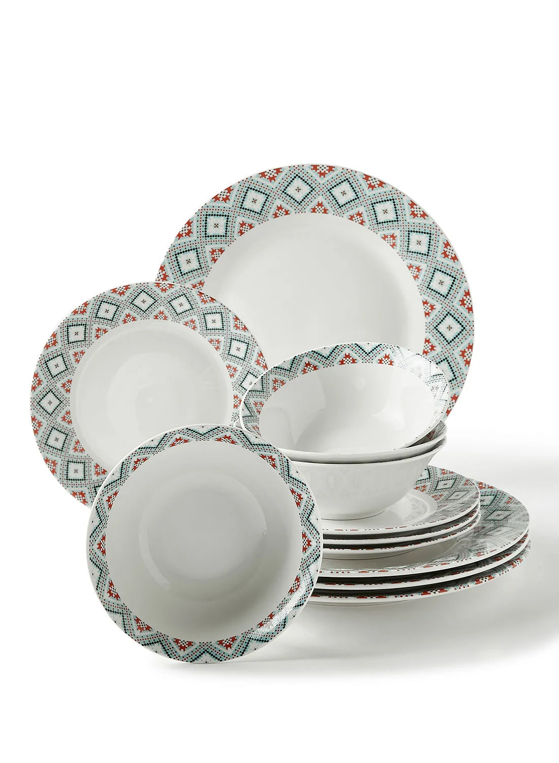 noon east 12 Piece Porcelain Dinner Set - Dishes, Plates - Dinner Plate, Side Plate, Bowl - Serves 4 - Printed Design Pixel