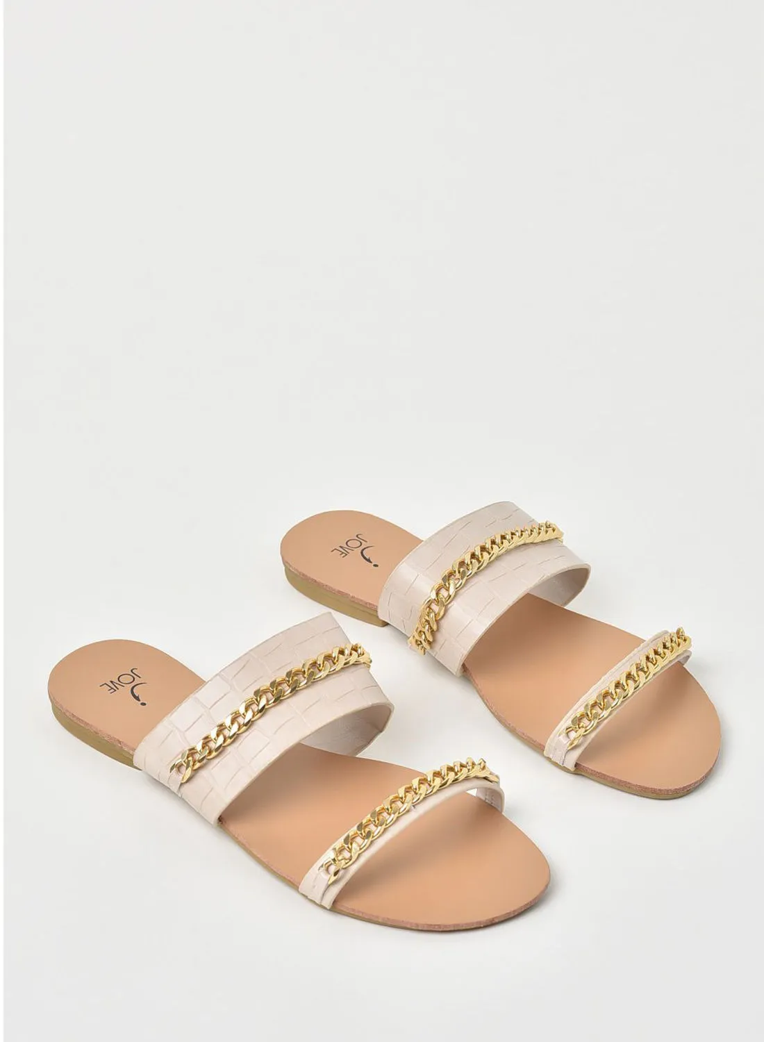 Jove Animal Pattern Chain Detail Strap Flat Sandals Beige/Gold