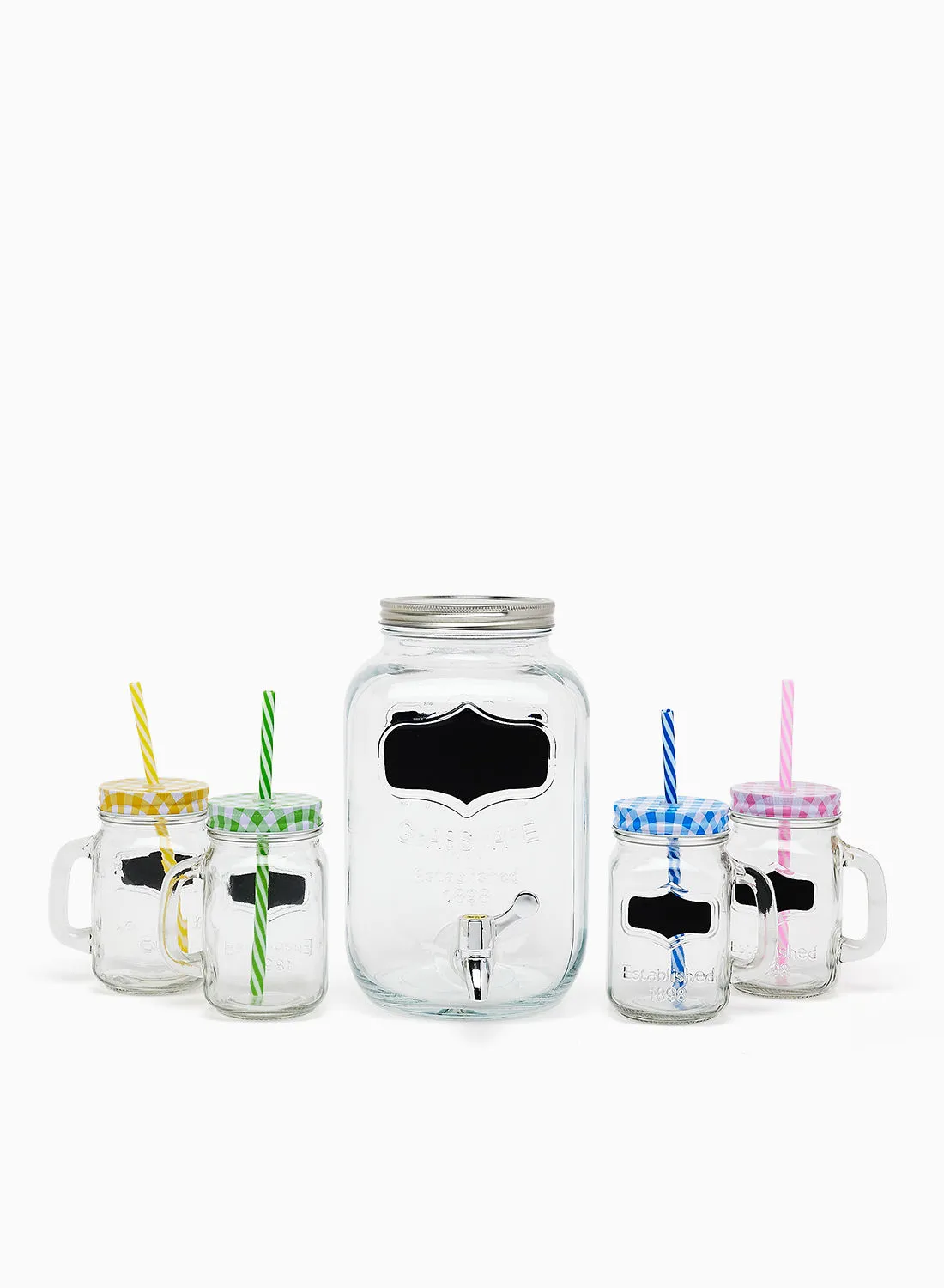 noon east Glass Beverage Dispenser Set - 4L Beverage Dispenser + 4 Mason Jars - Beverage Glasses With Lid And Straw For Juices Glass By Noon East - Beverage Dispenser, Mason Jars - Serves 4 - Clear