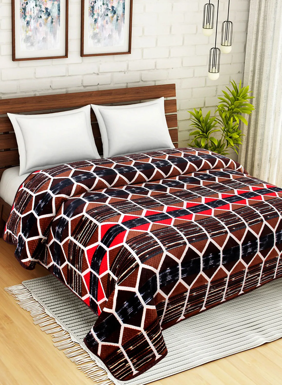 Hometown Light Blanket - 160X220 Cm - Geometric Patterned Brown 100% Poyester Ultra Plush For Sofa Or Bedroom