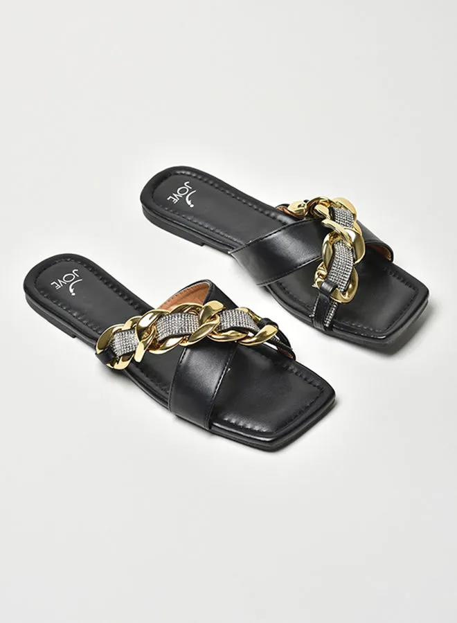 Jove Stone Chain Embellished Strap Flat Sandals Black/Gold/Silver