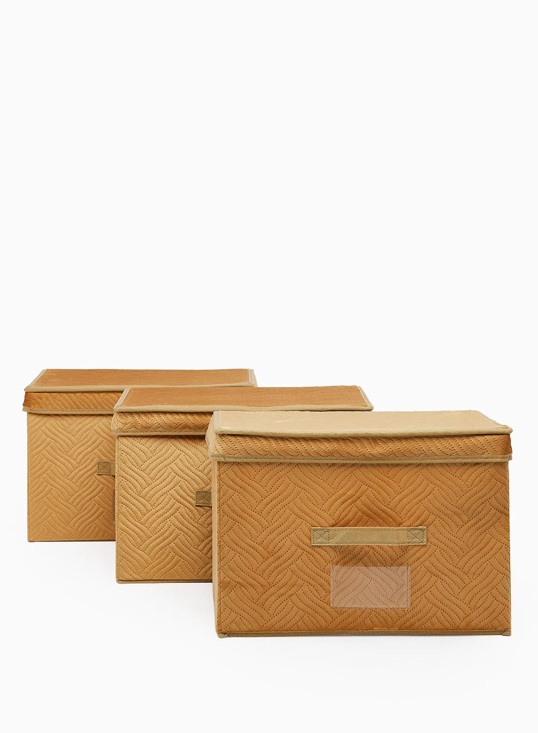 Amal 3 Pack Storage Organiser With Side Handles And Top Zipper Lid, Easy To Collapse From The Top, Handy For Closet And Dresser Organisation Yellowish-Brown 39X27X26cm