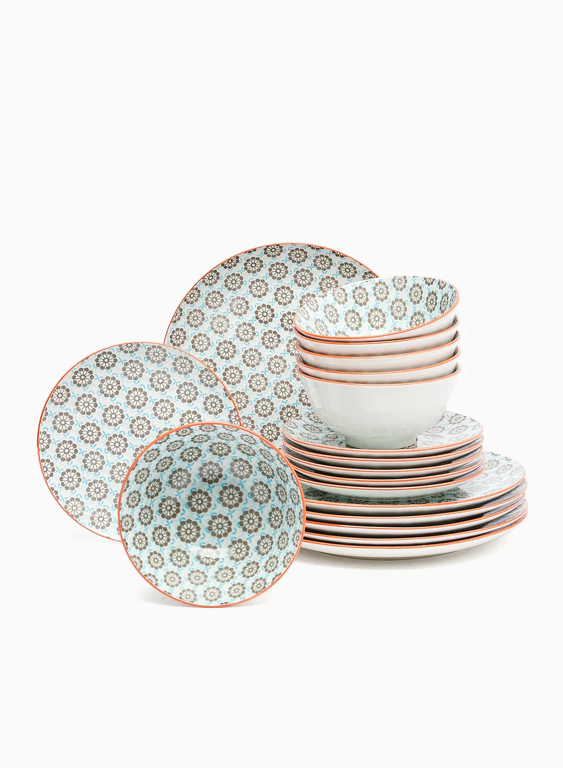 noon east 18 Piece Porcelain Dinner Set - Dishes, Plates - Dinner Plate, Side Plate, Bowl - Serves 6 - Printed Design Charlotte