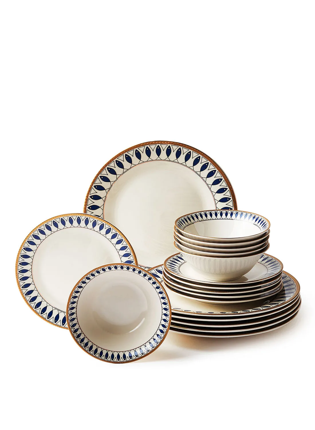 noon east 18 Piece Porcelain Dinner Set - Dishes, Plates - Dinner Plate, Side Plate, Bowl - Serves 6 - Printed Design Santorini