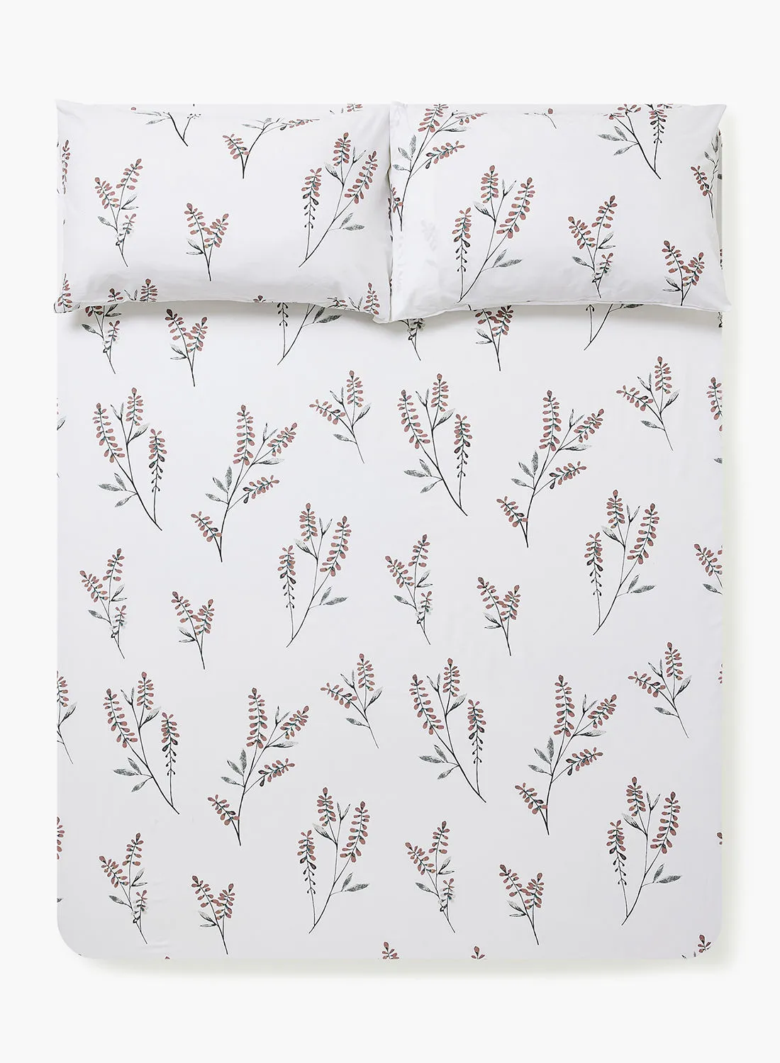 Amal Fitted Bedsheet Set Twin Size High Quality 100% Cotton Percale 144 TC Light Weight Everyday Use 1 Bed Sheet And 2 Pillow Cases Printed White/Leaves