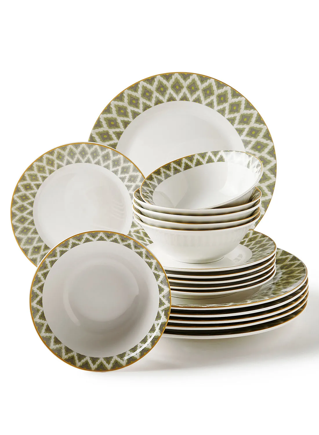 noon east 18 Piece Porcelain Dinner Set - Dishes, Plates - Dinner Plate, Side Plate, Bowl - Serves 6 - Printed Design Ikat
