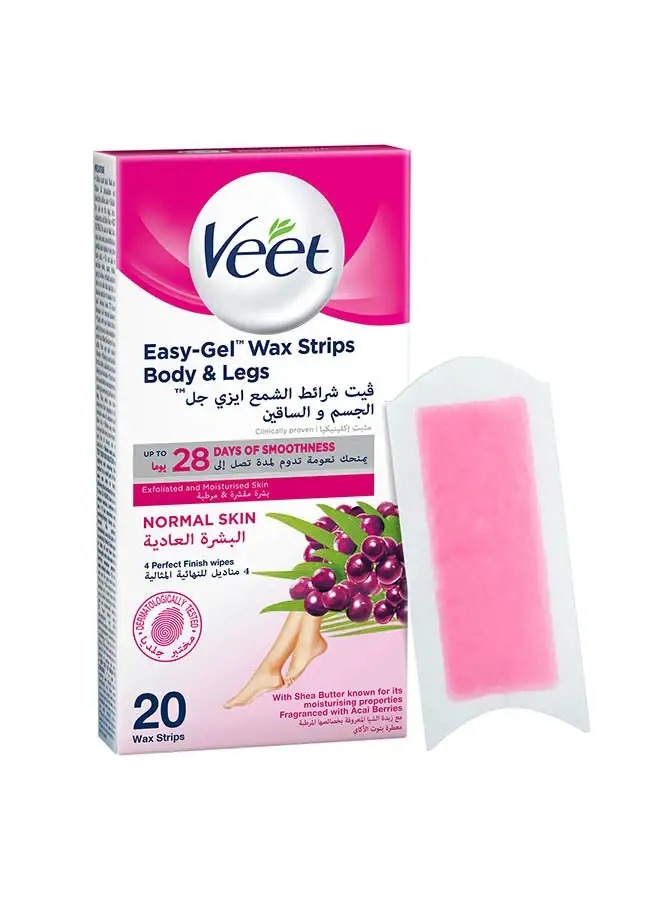 Veet Easy Gel Wax Strips Body And Legs For Normal Skin Hair Removal Moisturising Shea Butter 20 Strips