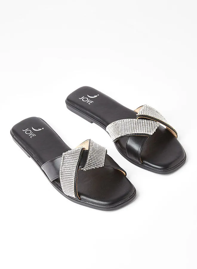 Jove Stylish Comfortable Flat Sandals Black/Clear