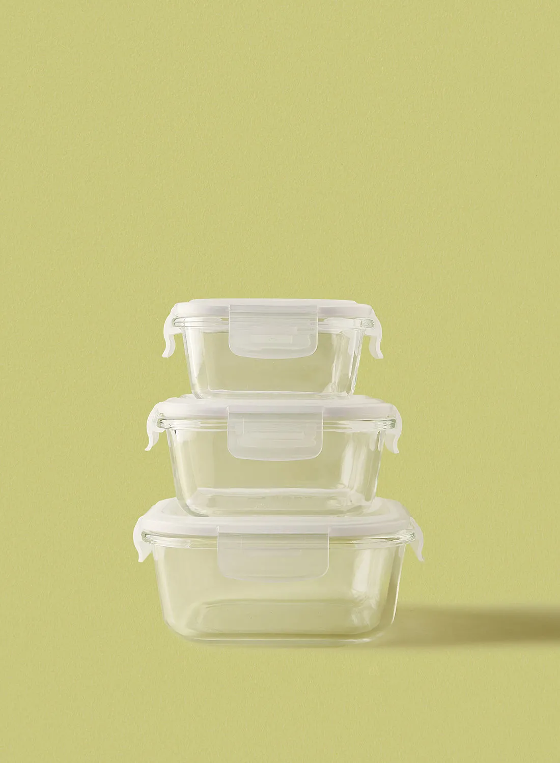 noon east 3 Piece Borosilicate Glass Food Container Set - Airtight Lids - Lunch Box - Sqaure - Food Storage Box - Storage Boxes - Kitchen Cabinet Organizers - Glass Food Container - White
