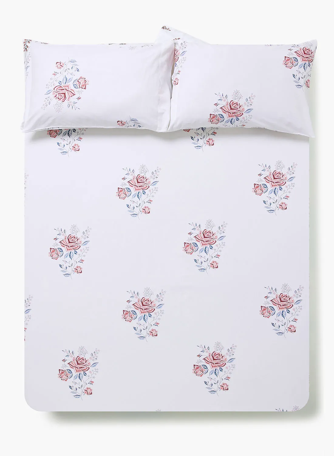 Amal Fitted Bedsheet Set Single Size High Quality 100% Cotton Percale 144 TC Light Weight Everyday Use 1 Bed Sheet And 2 Pillow Cases Printed White/Rose