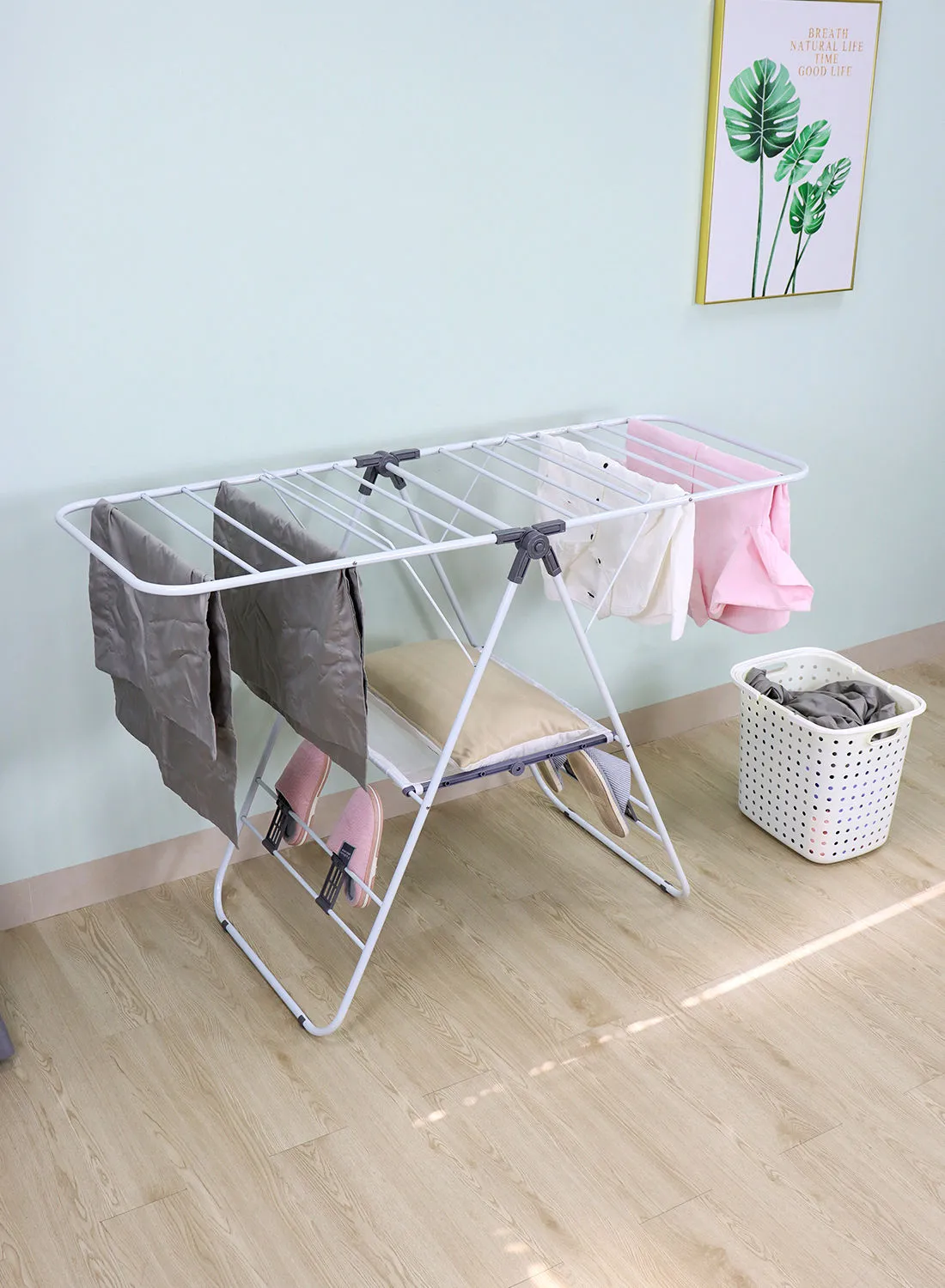 Amal Foldable Cloth Drying Rack Hanger With Net Shelf And Shoe Holder Steel Frame Space Saver White 96 x 144 x 60cm