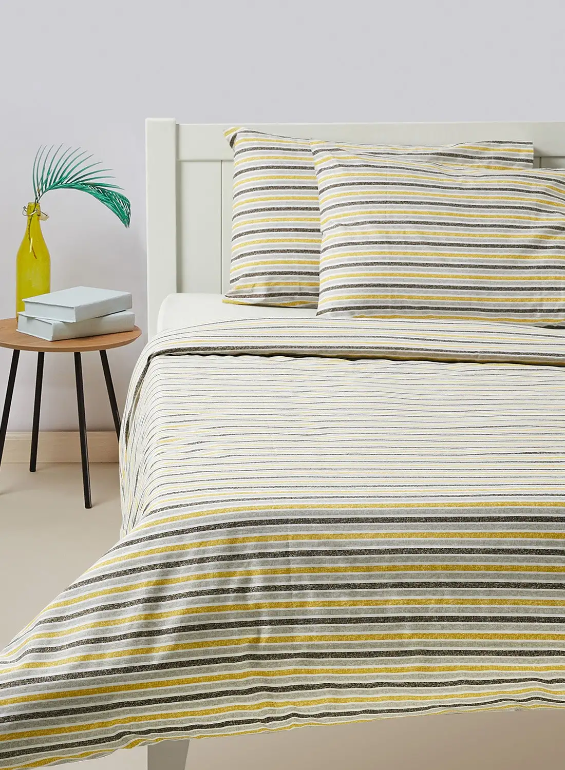 Amal Duvet Cover Set - With 1 Duvet Cover 200X200 Cm And 2 Pillow Cover 50X75 Cm - 100% Cotton Texture Stripe Percale Rotary Print - 144 Thread Count Cotton Yellow/Black/Grey Queen