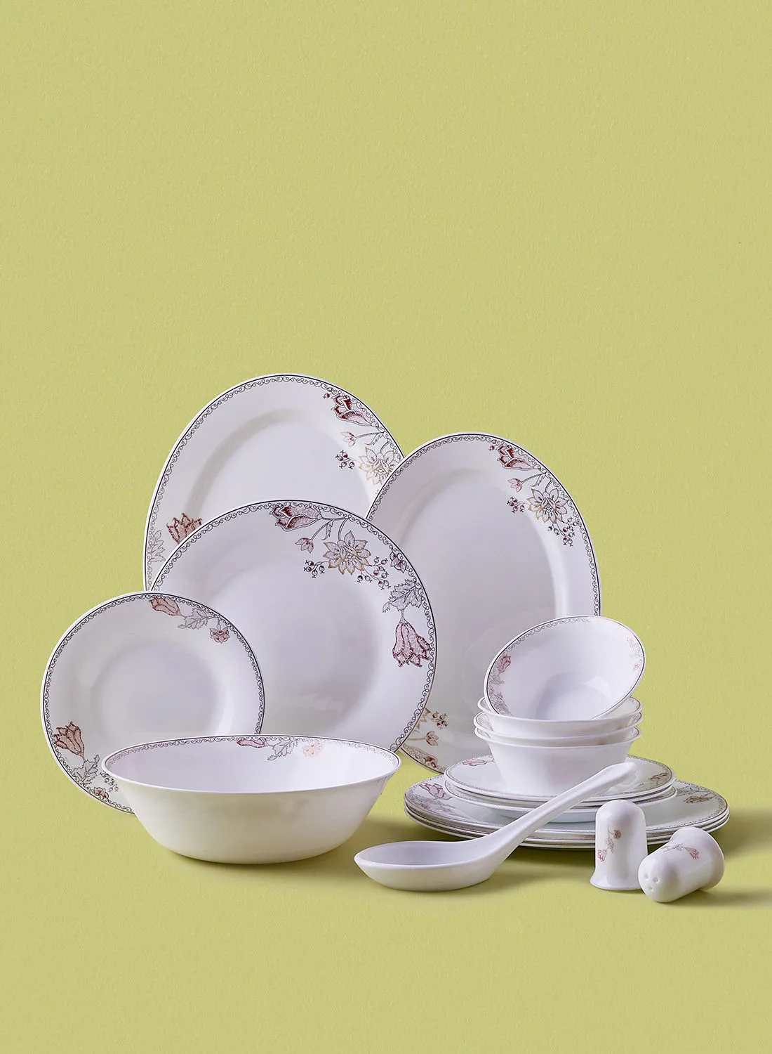 noon east 18 Piece Opalware Dinner Set - Light Weight Dishes, Plates - Dinner Plate, Side Plate, Bowl, Serving Dish And Bowl - Serves 4 - Festive Design Tulip Gold