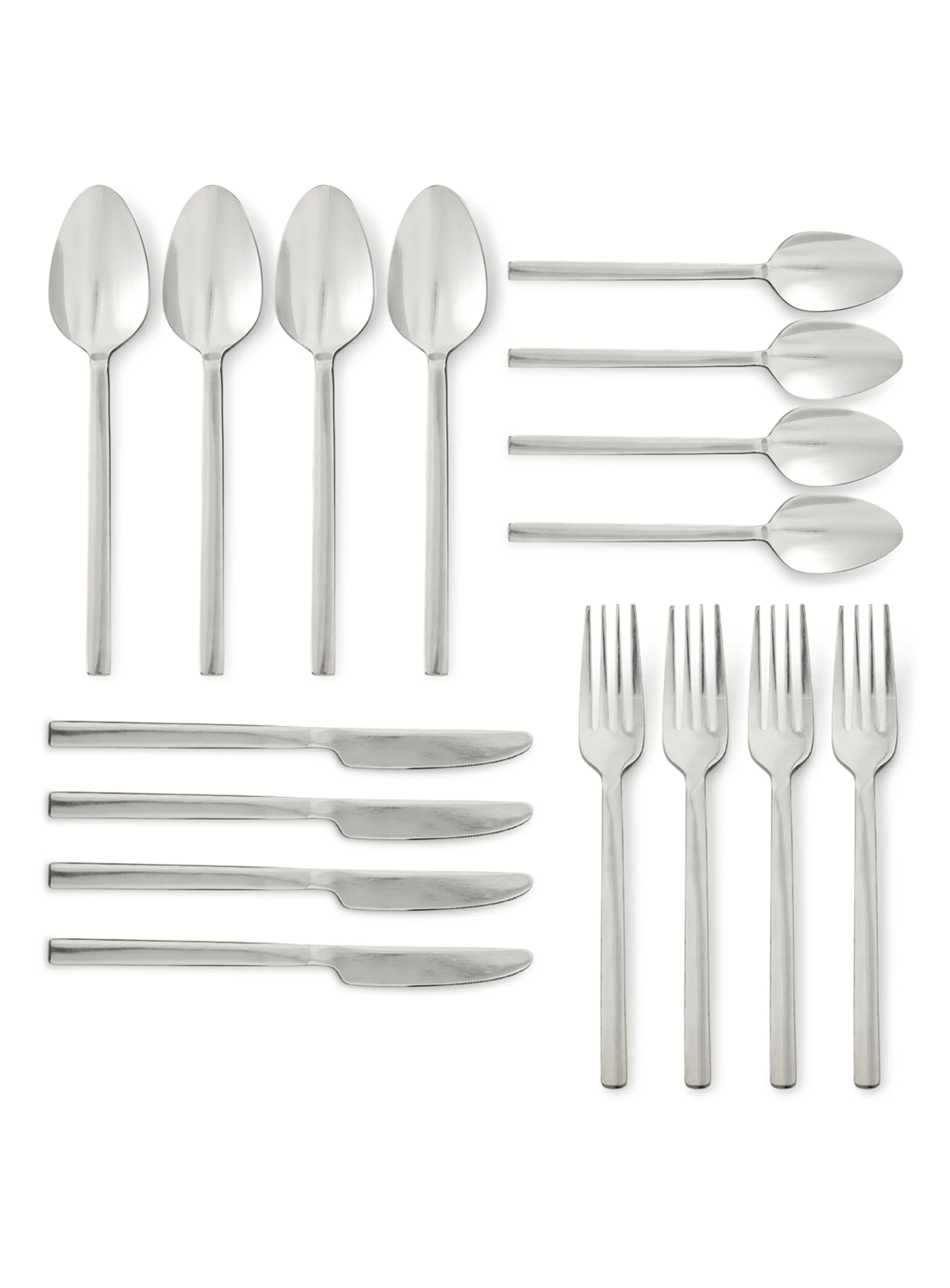 noon east 16 Piece Cutlery Set - Made Of Stainless Steel - Silverware Flatware - Spoons And Forks Set, Spoon Set - Table Spoons, Tea Spoons, Forks, Knives - Serves 4 - Design Silver Lyra