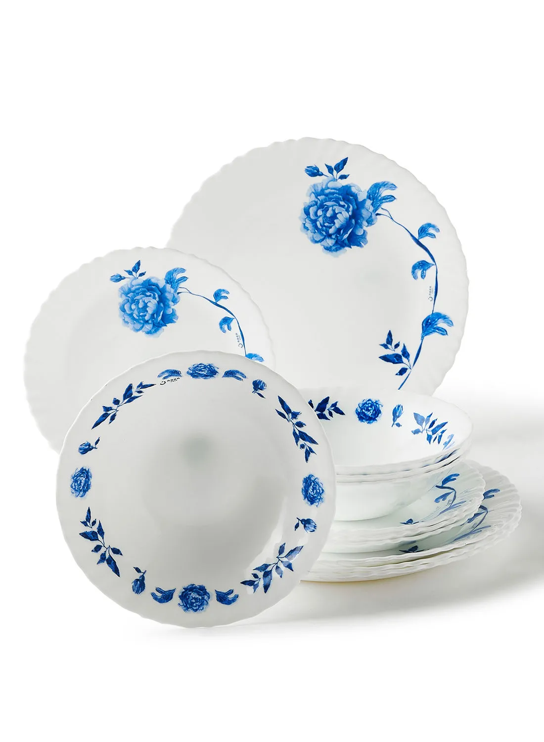 noon east 12 Piece Opalware Dinner Set For Everyday Use - Light Weight Dishes, Plates - Dinner Plate, Side Plate, Bowl - Serves 4 - Printed Design Eloni