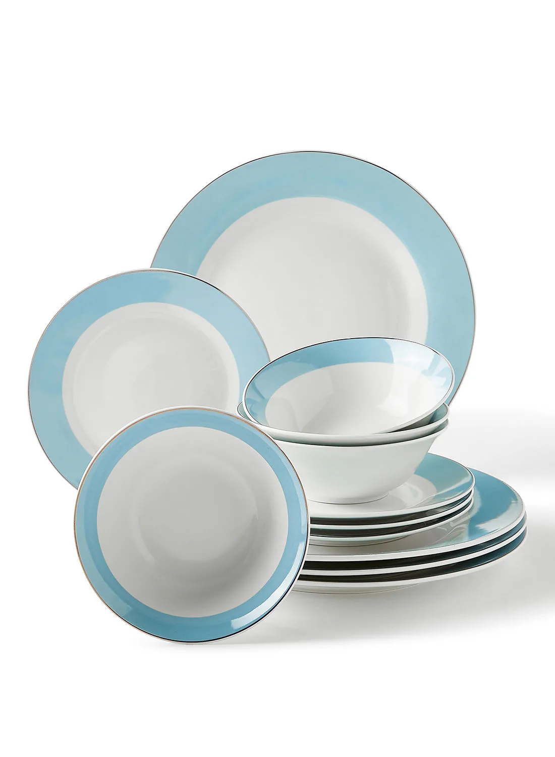 noon east 12 Piece Porcelain Dinner Set - Dishes, Plates - Dinner Plate, Side Plate, Bowl - Serves 4 - Festive Design Ring/Gold